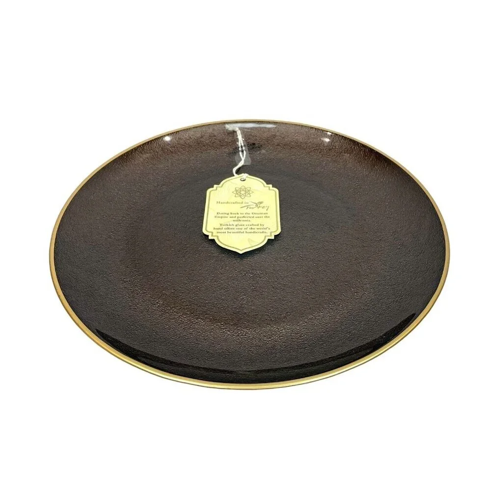 Turkish Glass 4 Entree Dinner Plates Set Brown Textured Gold Rim 11